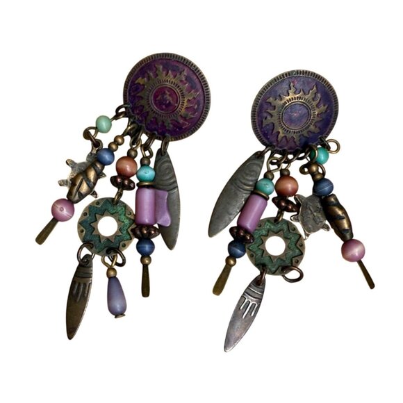 N/A Jewelry - VTG Multicolor Beaded Textured Sun Dangle Drop Earrings Brass Tone Hippie Boho